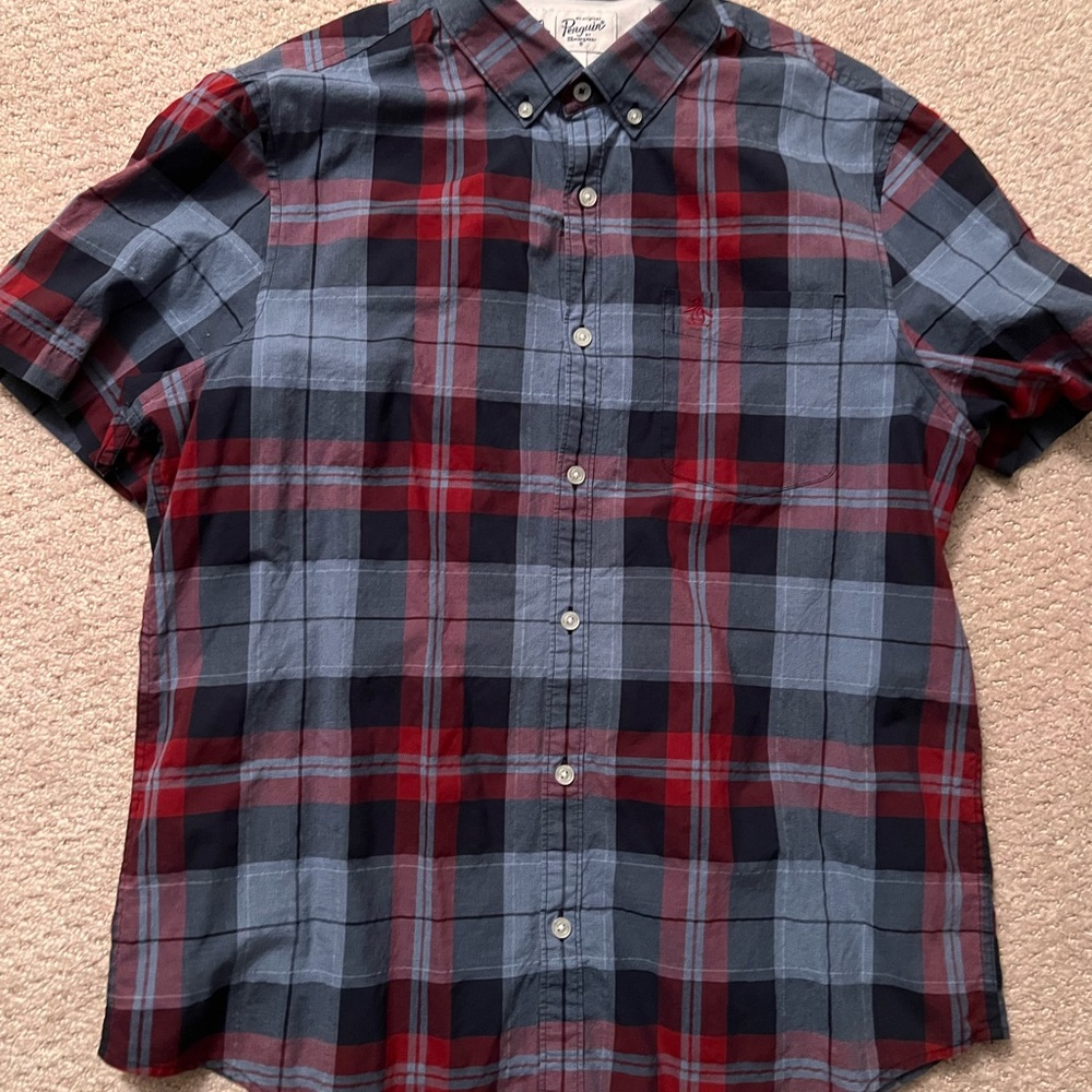 Original Penguin Mens Short Sleeve Plaid Button Up Casual Shirt